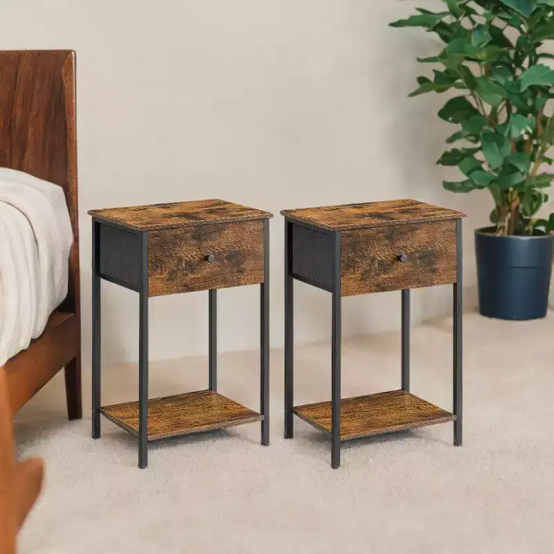Set of 2 Nightstands with Fabric Drawer and Storage Shelf - 24-Inch Tall End Tables for Bedroom or Living Room, Rustic Brown and Black