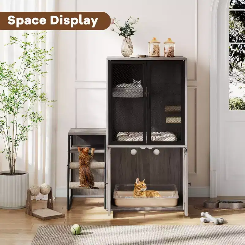 Cat Litter Box Furniture, 2-in-1 Hidden Litter Box Enclosure - Double Layer Cat House Storage Cabinet with Removable Ladder Scratching Posts Doors