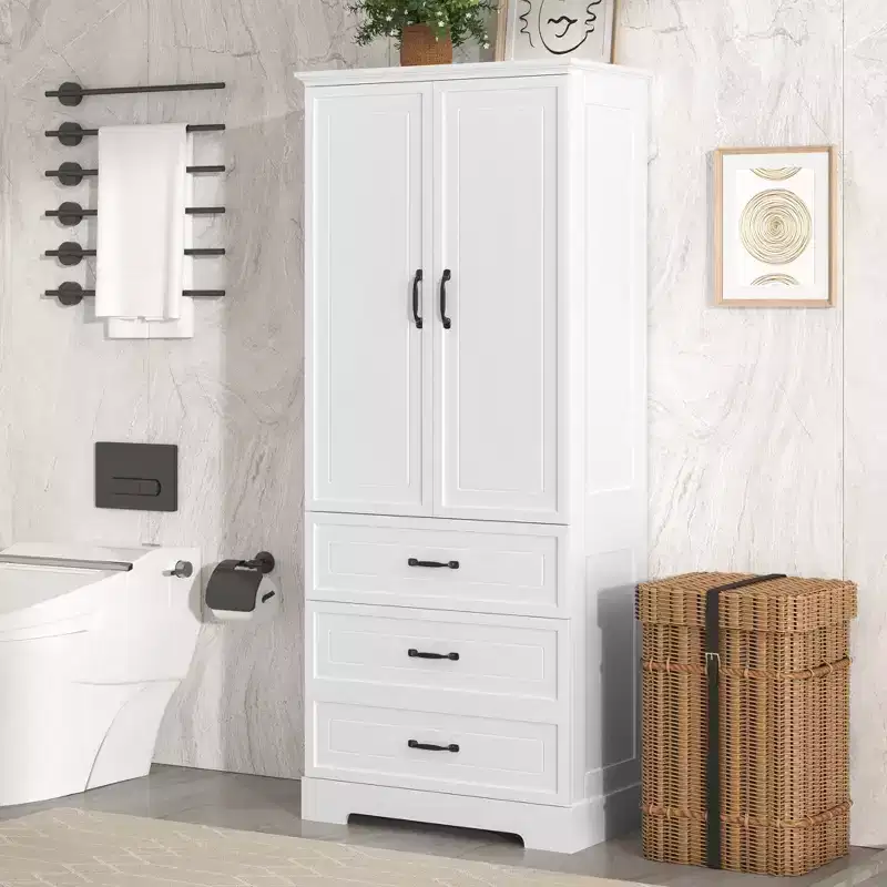 Modern Tall Bathroom Storage Cabinet – Double Doors, Adjustable Shelf & 2 Drawers
