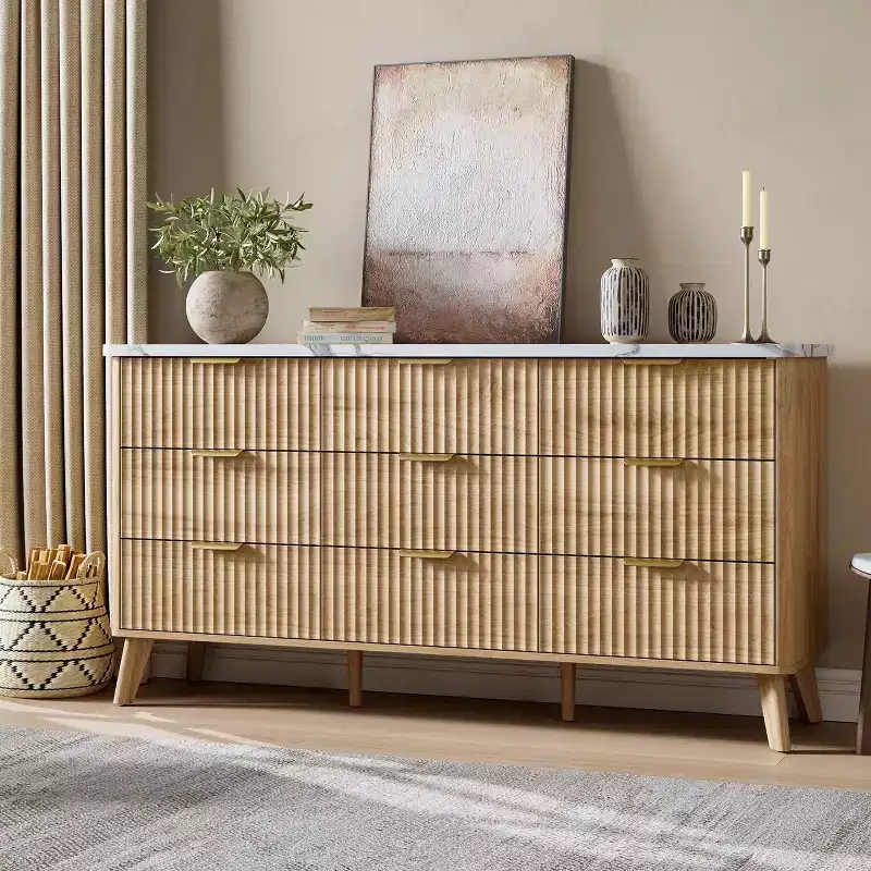 Fluted 9-Drawer Dresser, 60.6 Wide Wood Chest of Drawers with Deep Storage, for Bedroom, Living Room, or Hallway Use