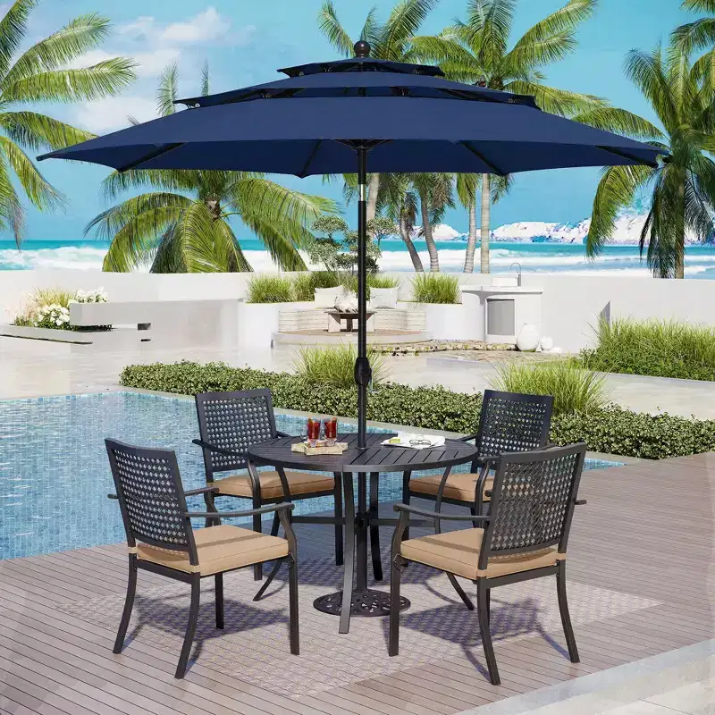Captiva Designs 6pc Outdoor Slat-top Round Metal Dining Table & Cushioned Metal Chairs & Market Umbrella