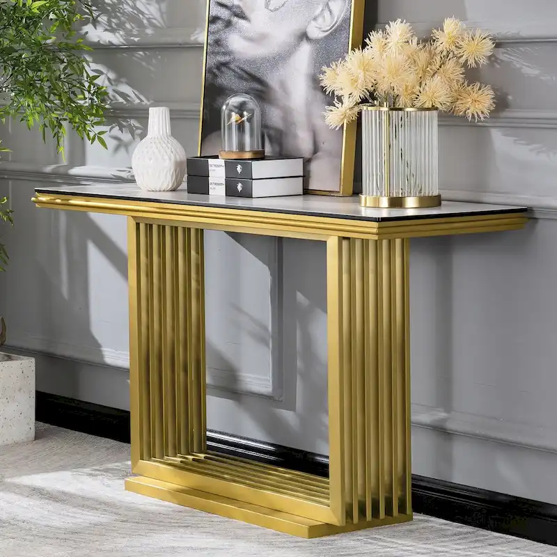60-Inch Rectangular Glass Console Table with Metal Base