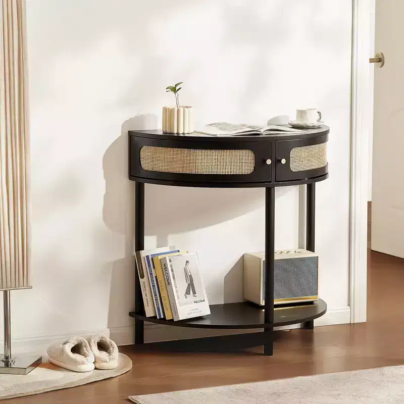 Rattan Console Table with 2 Storage Compartments and Anti-Tip Design