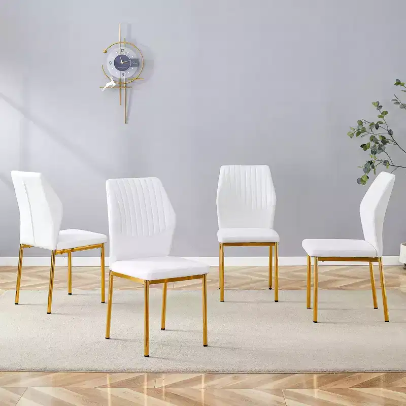 MAYEERTY Set of 4 Luxury Simple Dining Chairs White PU Gold Legs Vertical Stripe Back