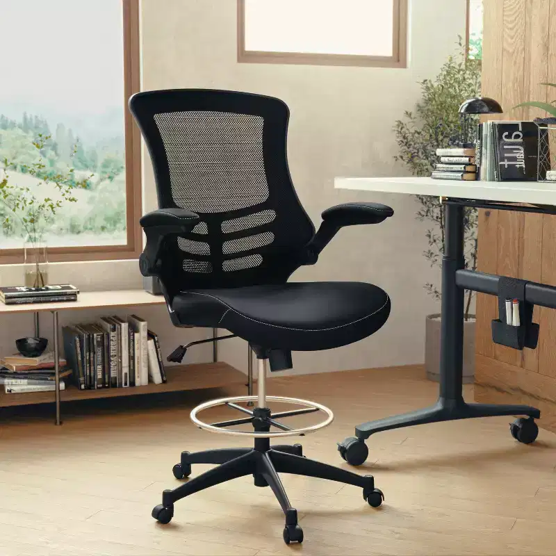Mid-Back Mesh Ergonomic Drafting Chair with Foot Ring and Flip-Up Arms