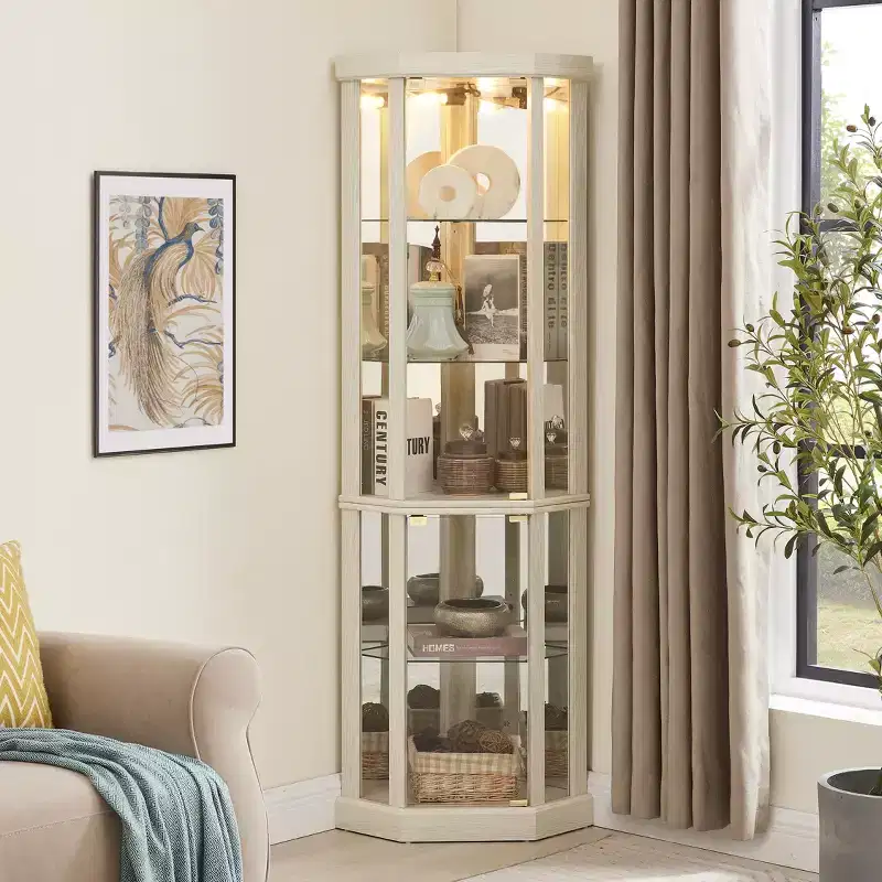 Lighted Corner Curio Cabinet with Tempered Glass Door & LED Display