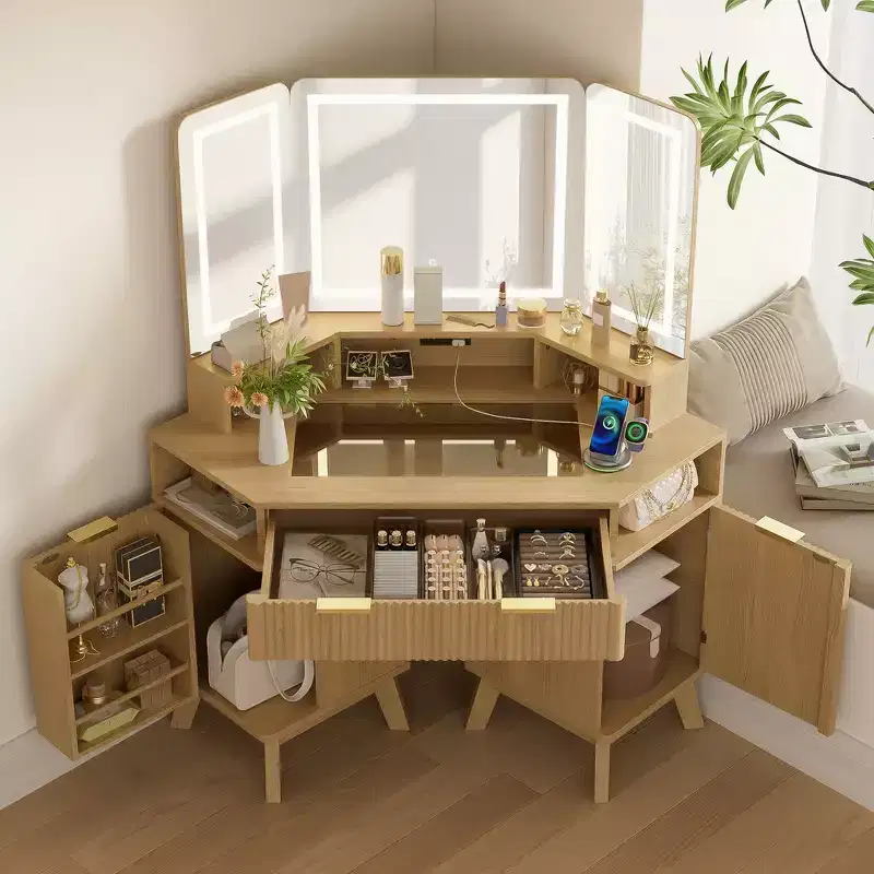 Whisen 47.2 Corner Makeup Vanity Desk, Modern Small Corner Dressing Table Vanity with Mirror, 1 Drawer & 2 Cabinets