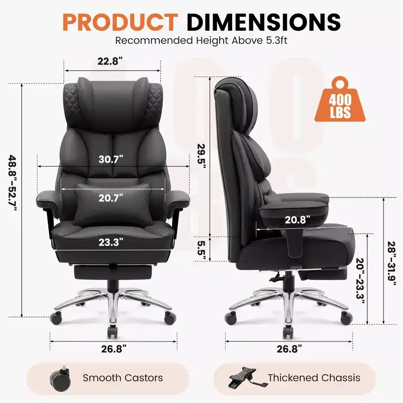 Big and Tall Ergonomic High Back Executive Chair with Footrest and Lumbar Support, Black