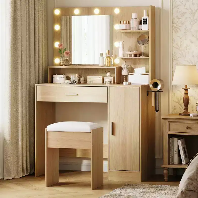 Makeup Vanity Desk with HD Mirror & 10 LED Bulbs, Charging Station, 3 Lighting Modes, Hairdryer Holder and Cushioned Stool for Bedroom