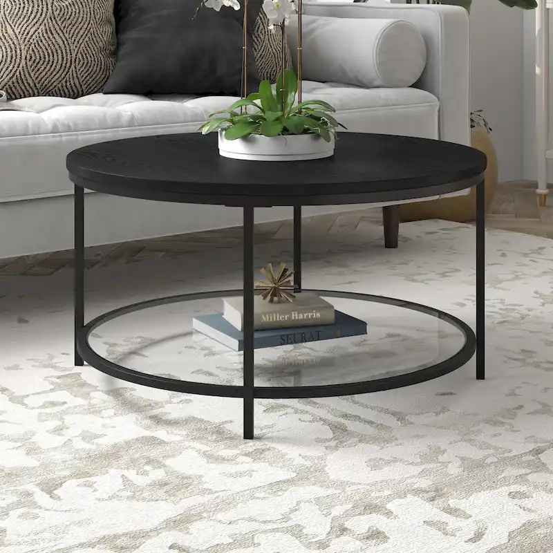 Sevilla 32 Wide Round Coffee Table with MDF Top and Glass Shelf - 32 Wide