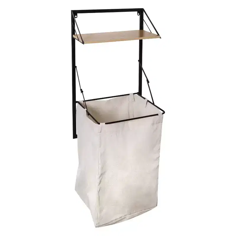 Laundry Shelf and Hamper Combo with Light Oak Wood Finish