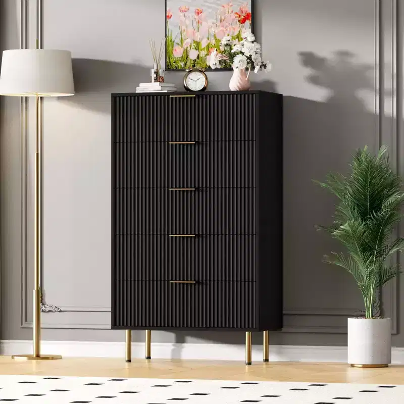 Fluted Wood Dresser with 5 Drawers, Modern White Tall Dresser with Gold Handle for Bedroom, Living Room, Hallway
