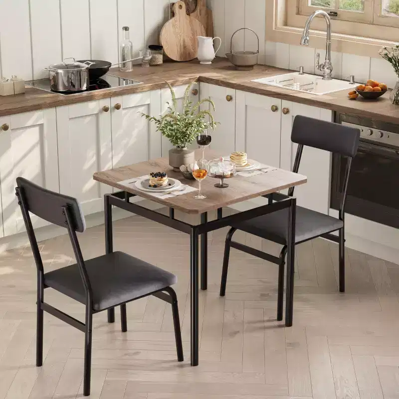 3-Piece Kitchen Table Set for 2, Wooden Dining Table Set for Small Place, Farmhouse Table Set with Table and Chair for Small Rooms or Flats, Brown