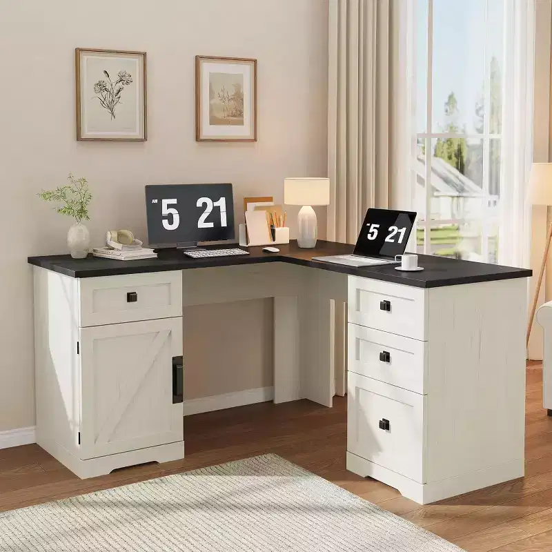 L-Shaped Executive Desk with File Drawers & Storage Cabinet