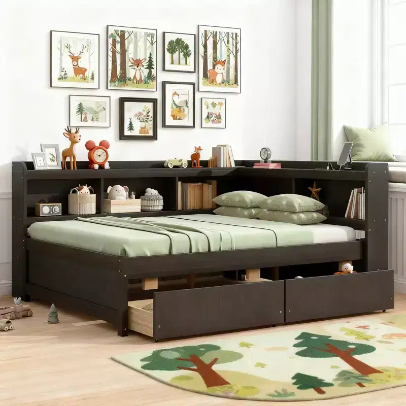 Luxystar Full Size L-shaped Bookcases Bed with Power Outlets, USB Charging Ports and 2 Drawers