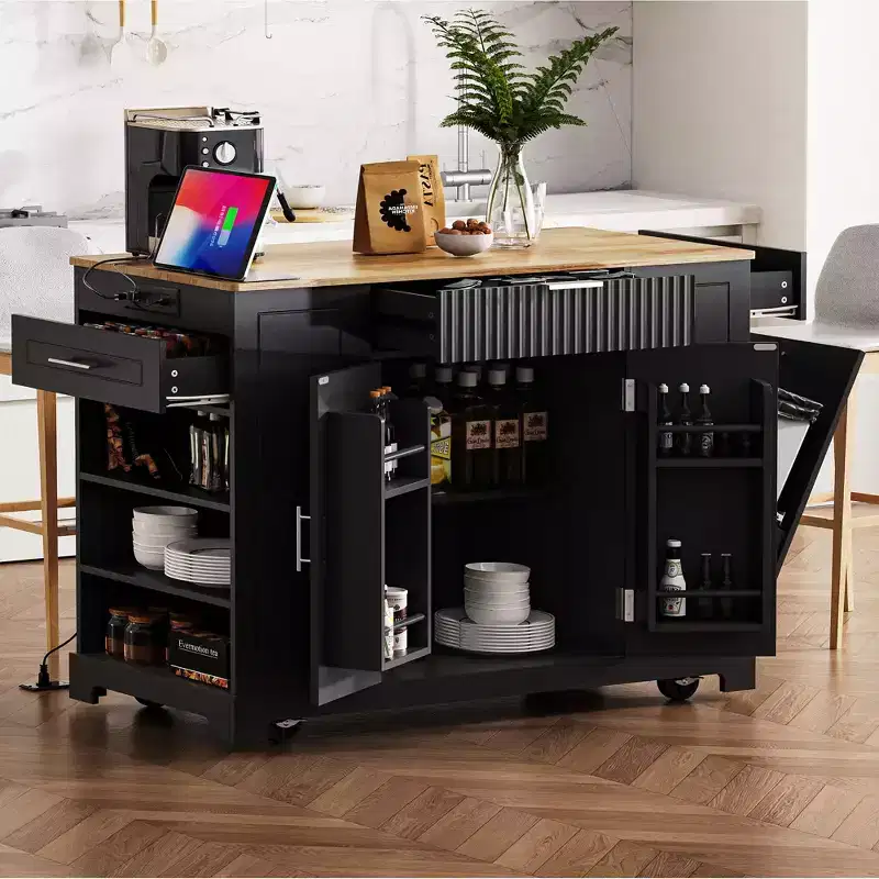 Black Fluted Kitchen Island with Trash Can Storage Cabinet, Rolling on 5 Wheels for 10-Gallon Bin