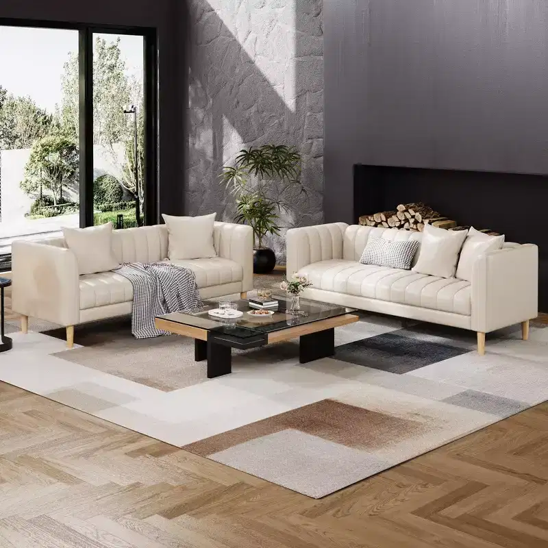 Faux Leather Sofa Couch, Modern 78 W Sofa with Deep Seats, 3 Seater Sofa Couch with 2 Throw Pillows and Wood Legs, Easy Assembly