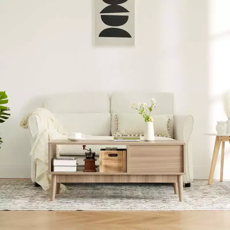 39.4 Coffee Table with Storage and Study Wood Legs, 2-Tier Rectangle Design for Living Room