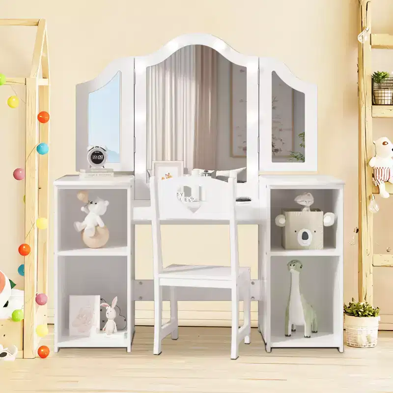 Kids Vanity Table Set, Touch Light Detachable Tri-Folding Mirror, Open Storage Shelves, Wooden Pretend Play Dressing Table for Toddlers, White