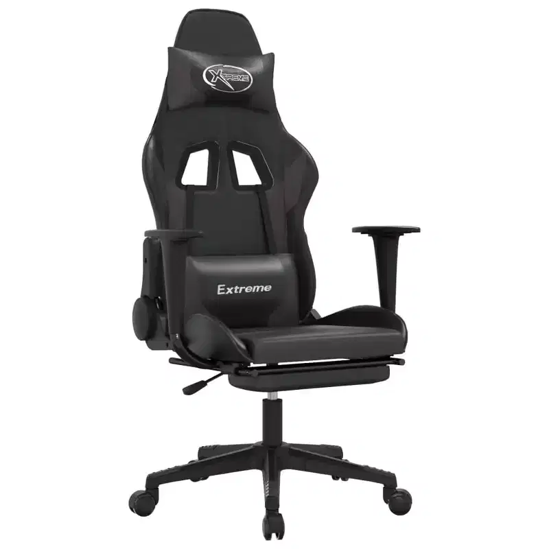 vidaXL Adjustable Gaming Chair - Black and Gray, Faux Leather, Ergonomic Design, 360-Degree Swivel, Rolling Castors, Reclining Backrest and Footrest