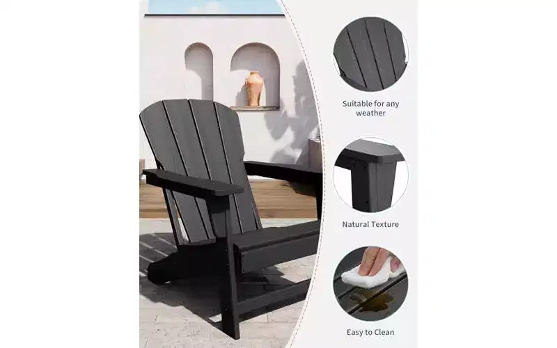 Set of 2 HDPE Adirondack Patio Chairs  380 lbs Capacity, Weather Resistant, Wood Grain Texture, Wide Armrests, Slatted Back