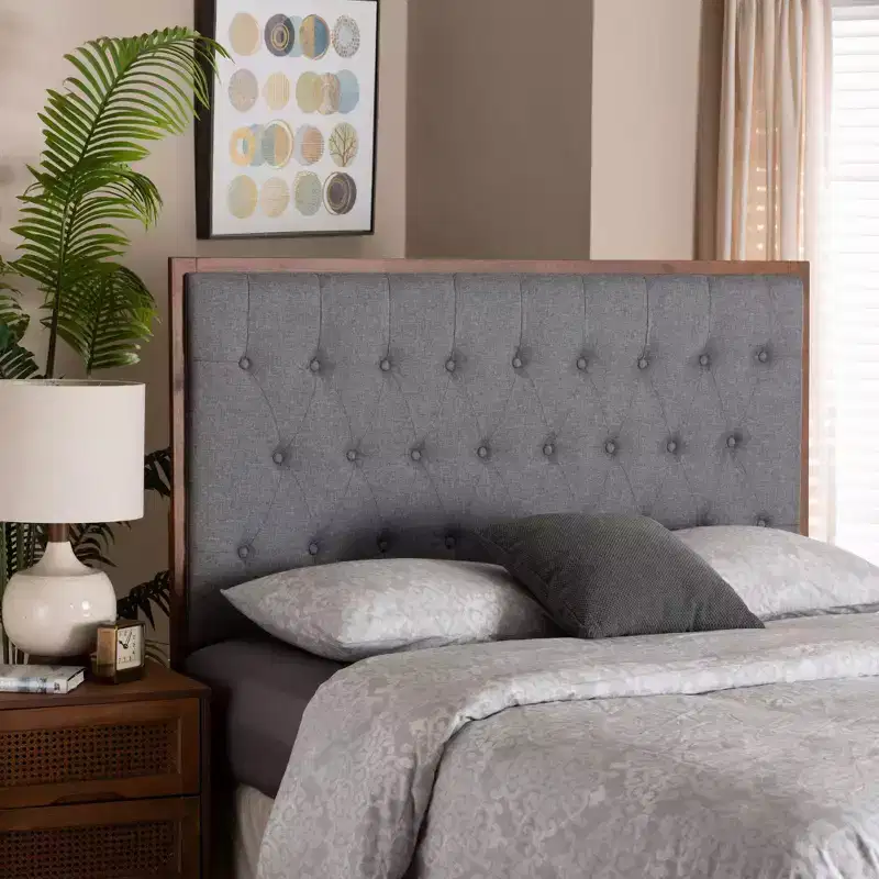 King Fabric & Wood Headboard - Gray/Walnut Brown, Button-Tufted, 5 Height Settings