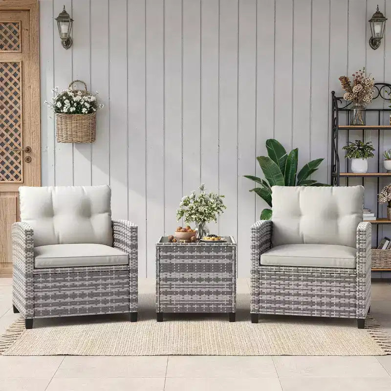3 Piece PE Rattan Patio Furniture Set, Outdoor Chairs and Table Set with Tempered Glass Tabletop and Cushions, Patio Conversation Set for Patio