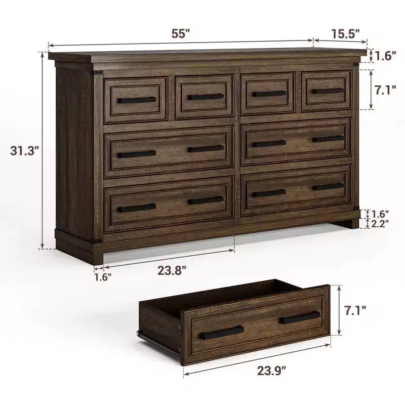 8 Drawer Dresser for Bedroom, 55w Wooden Chest of Drawers with Metal Handles, Large Dresser TV Stand, Storage Dressers Organizer for Closet, Bedroom