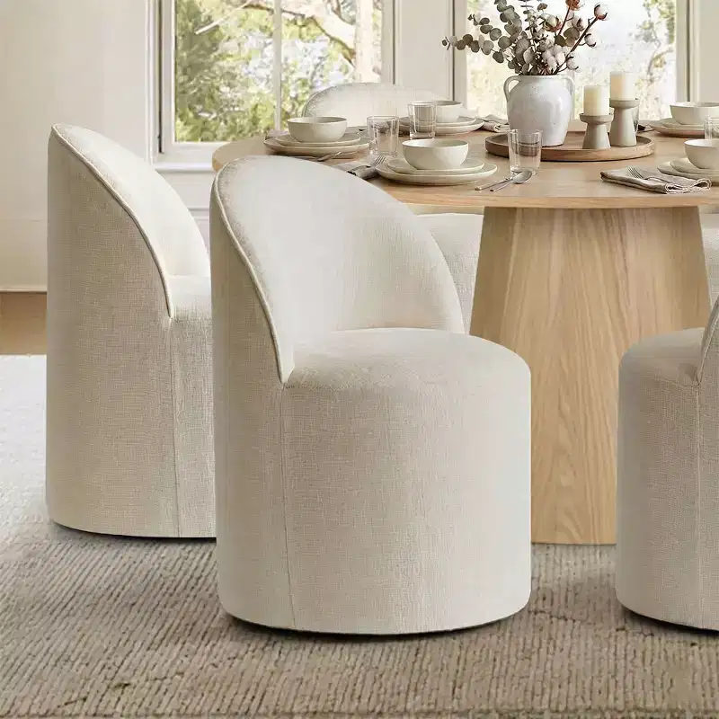 Modern Dining Table Set For 6, Round Pedestal Dining Table, Swivel Rolling Barrel Chairs With Wheels, Textured Chenille- Panipeachy