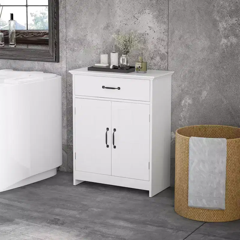 kleankin Freestanding Bathroom Cabinet, Modern Bathroom Storage Cabinet with Storage Drawer, 2 Doors & Adjustable Shelf, White