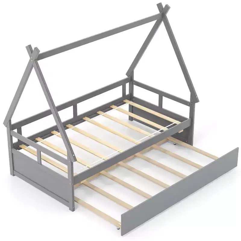 Costway Twin Size House Bed w/ Trundle Roof & Safety Guardrail Wood Slat Support Gray
