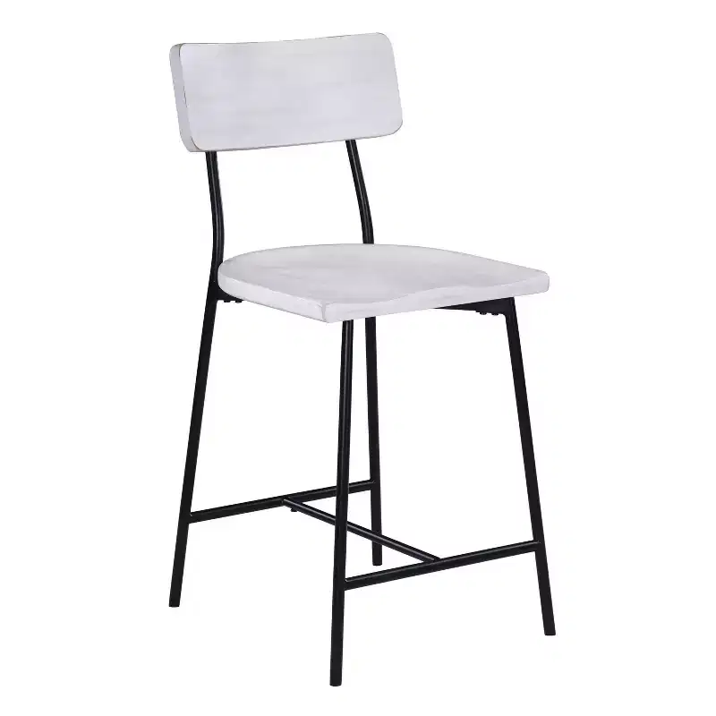 Counter Height Barstool – Whitewash, Saddle Seat, Curved Back, Metal Frame