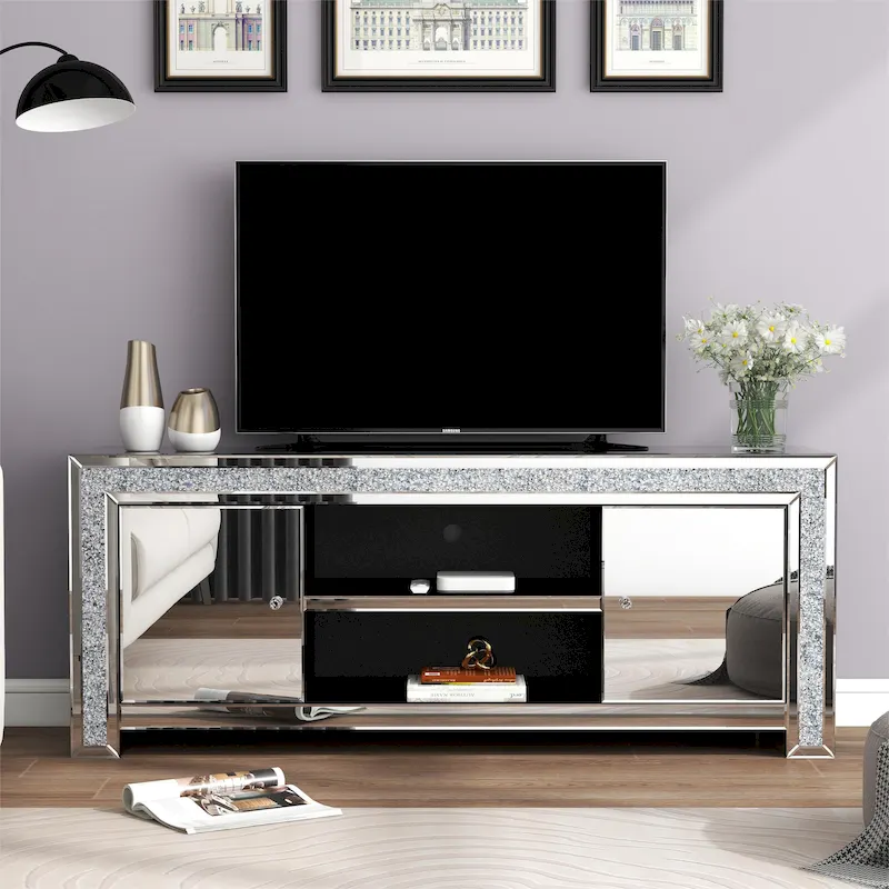 59 Mirrored TV Stand with Crushed Diamond Inlay and Storage Cabinets