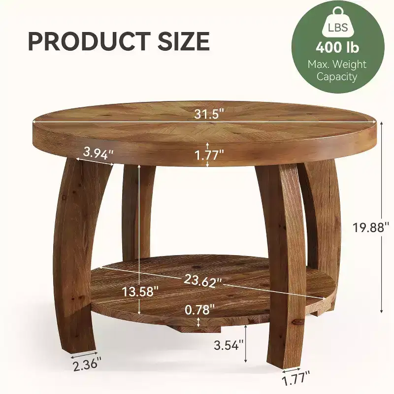 Lantine Solid Wood Round Coffee Table, 2-Tier Center Table with Storage, 31.5 Inch Tabletop with Mosaic Pattern, Easy Assembly, for Living Room, Brown