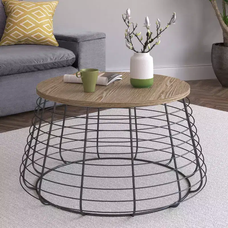 Morris Coffee Table Black - ClickDecor: Round Pedestal, Distressed Finish, Wood Composite, Metal Hardware, Living Room Storage