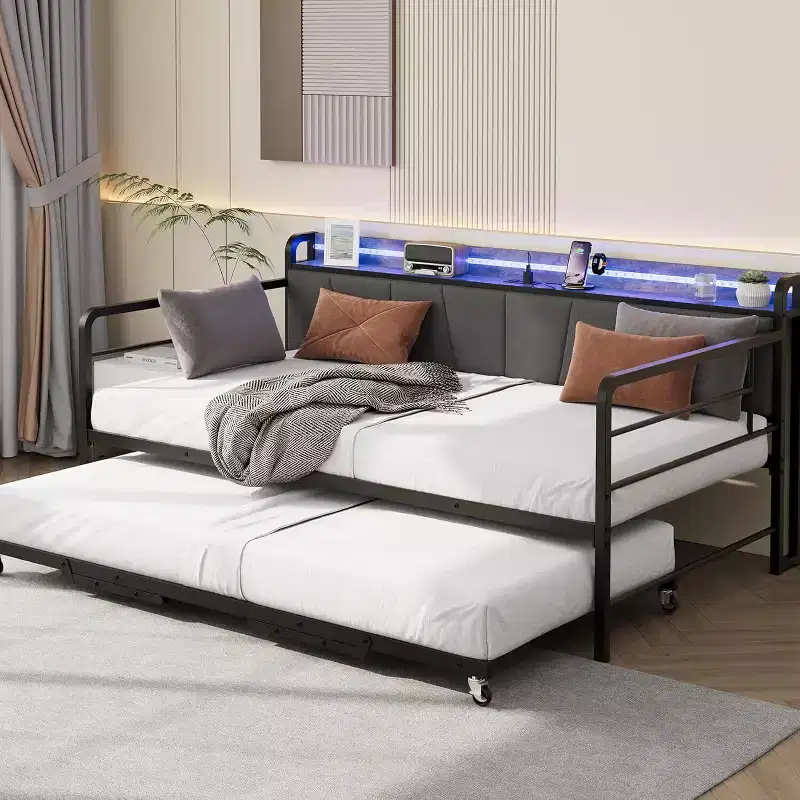 GustoWave Twin Daybed Frame with LED Lights Charging Station Storage Headboard, Pop Up Trundle