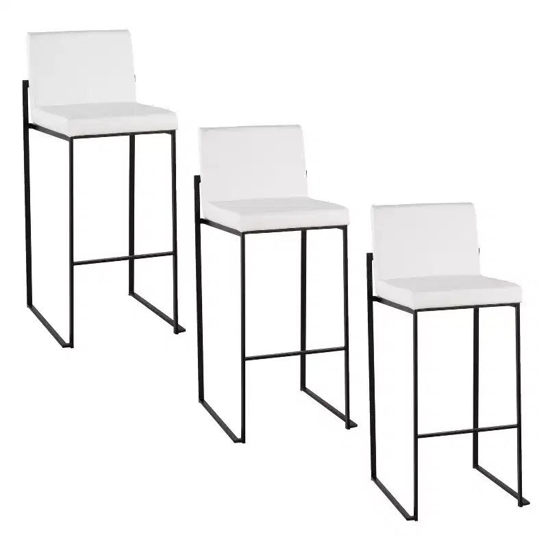 LumiSource Set of 3 Fuji High Back Barstools Black Steel/White PU