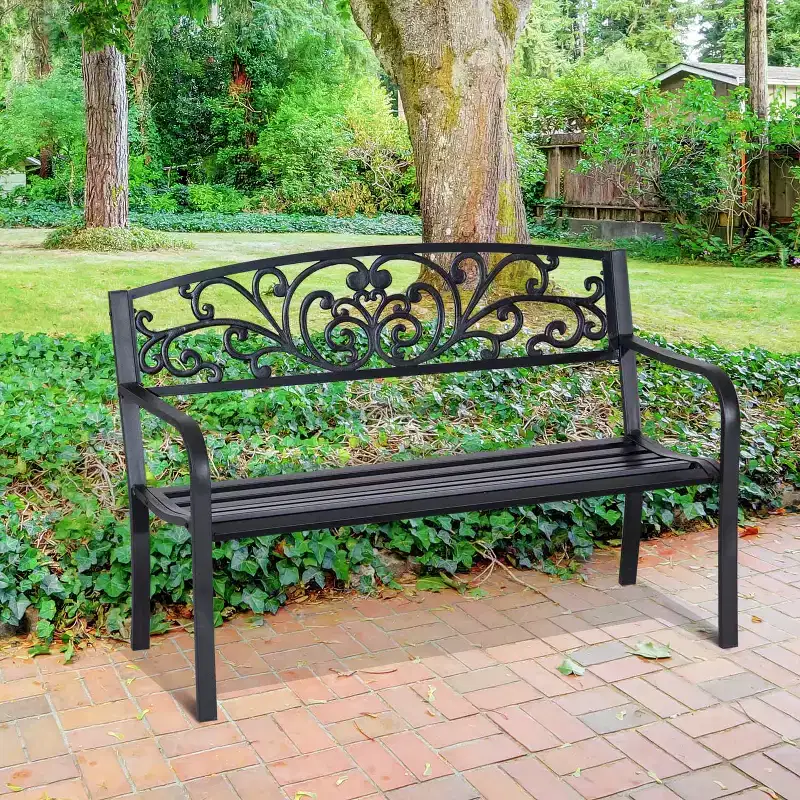 50 Outdoor Bench, Metal Garden Bench With Floral Pattern Backrest, Porch Bench With Slatted Seat