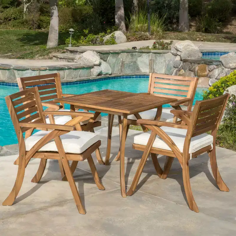 GDFStudio Baia Outdoor Acacia Wood 5 Piece Dining Set with Cushion, Teak/Cream