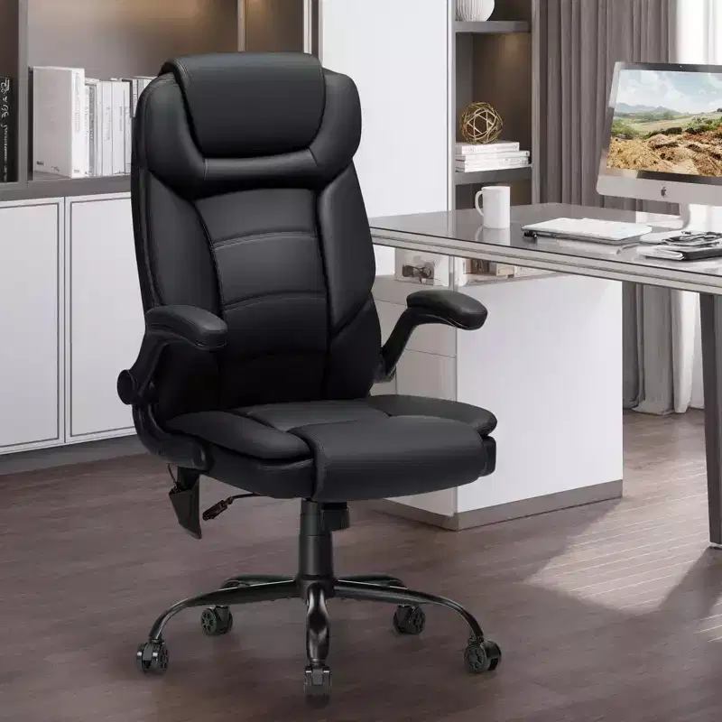 Leather Reclining Office Chair, Ergonomic Swivel Chair with Inflatable Lumbar Support & Armrest