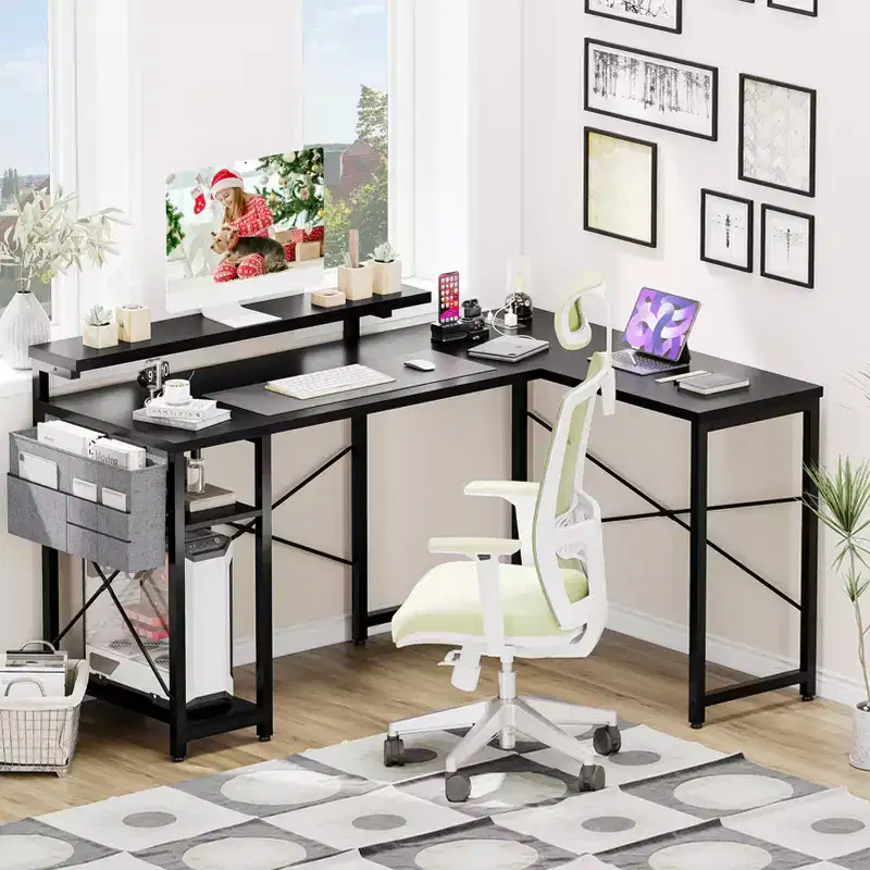 MDF Reversible L-Shaped Corner Desk with Monitor Stand, LED Lights, and Power Outlets 54
