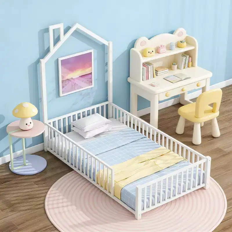 Twin Size Metal House Platform Bed with Fence and Chimney, White