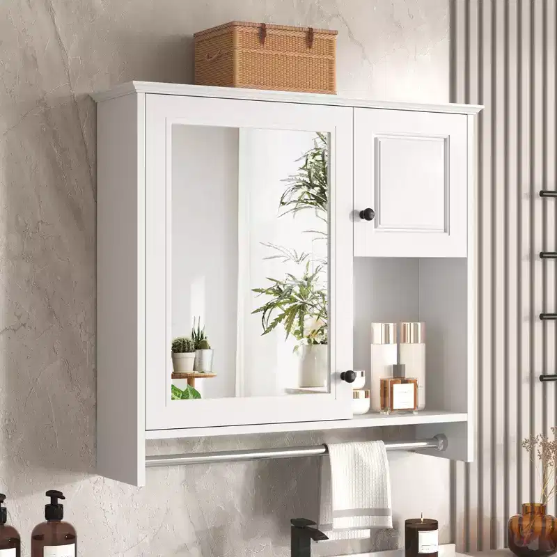 FAMYYT 30 in. W x 27 in. H Rectangular MDF Medicine Cabinet with Mirror, Adjustable Shelves, Towel Bar, White