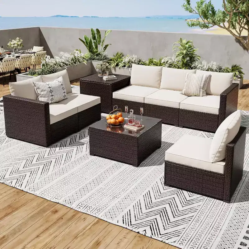 COZONY 8 Piece Outdoor Patio Set, PE Rattan Conversation Sofa Glass Table Storage Box Bistro Set for Pool Lawn