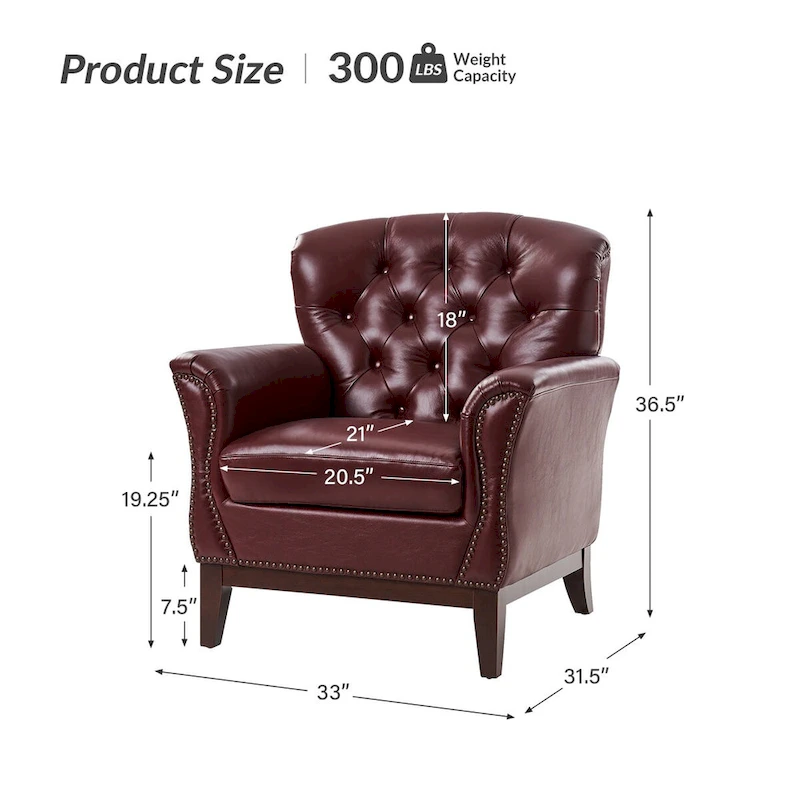 Burt Traditional Genuine Leather Accent Chair with Tufted Wing Back by HULALA HOME