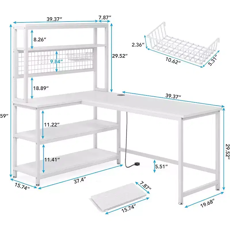 Lantine L-Shaped Computer Desk, 55 Inch Reversible Office Desk with Wireless Charging and Bookshelf for Home Office, White