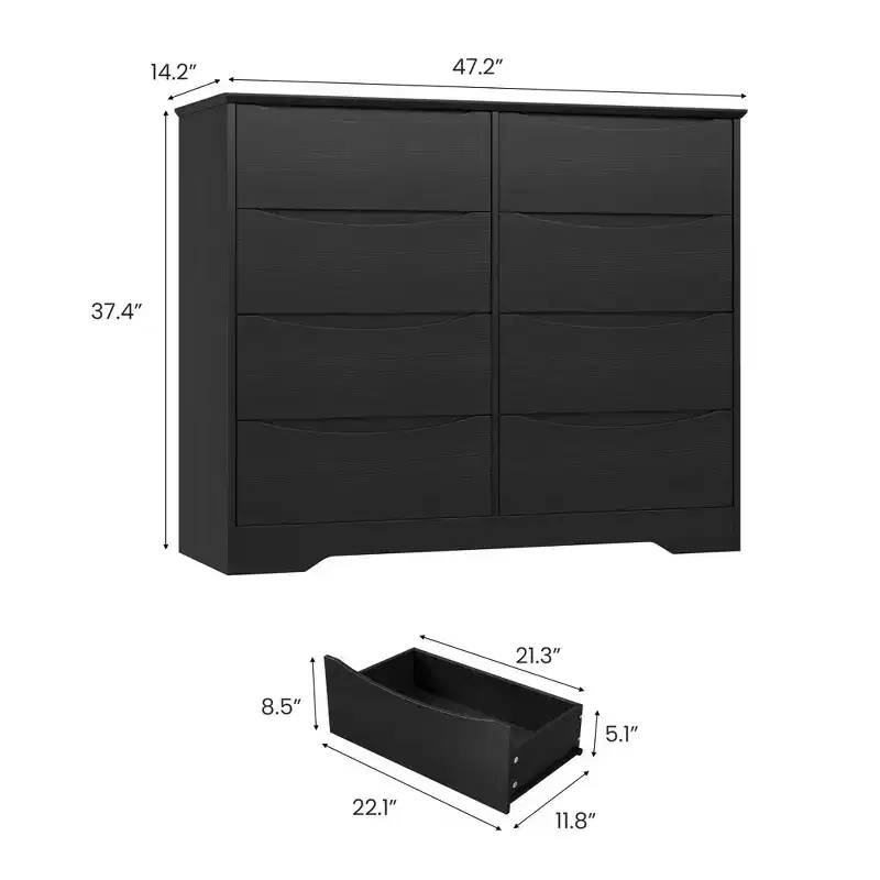 8-Drawer Wooden Dresser - 47.2 Wide, Deep Storage for Bedroom, Living Room & Hallway