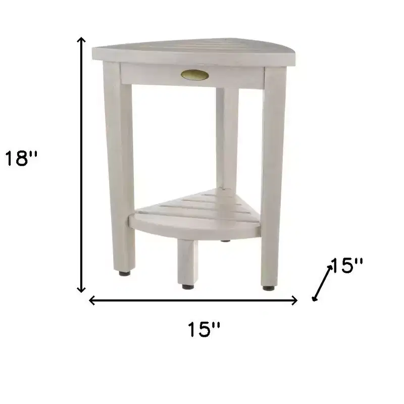 Compact Teak Corner Shower Stool With Shelf In Whitewash Finish