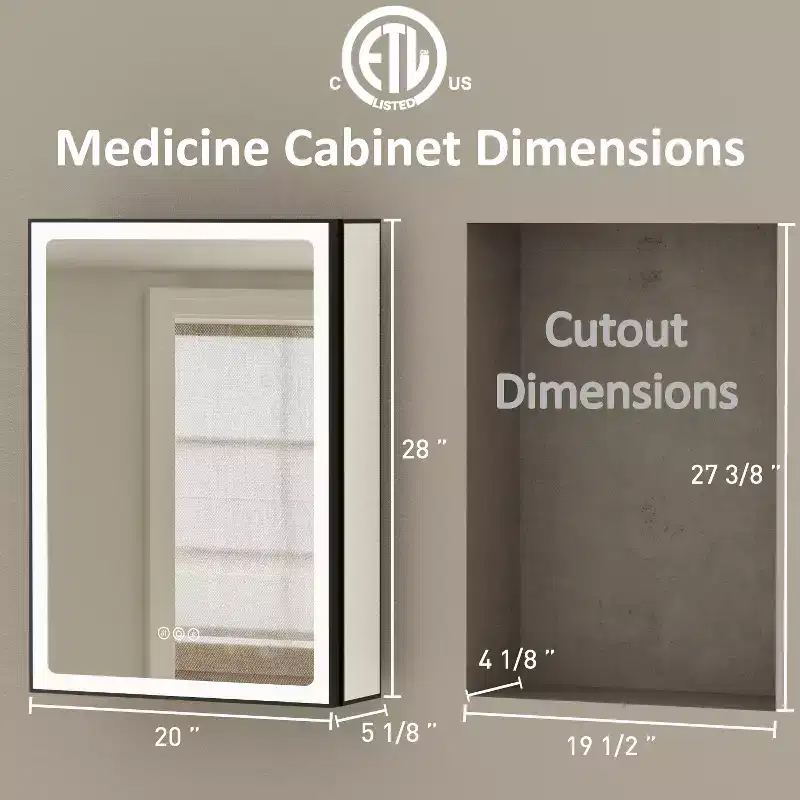 Bathroom Medicine Cabinet with LED Mirror, Surface or Recessed Mount, Dimmable Light, Anti-Fog, Adjustable Shelving