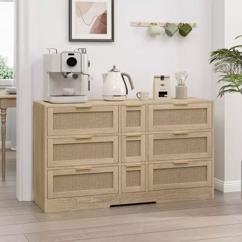 9 Drawer Dresser, Rattan Chest of Dressers for Bedroom, Natural Wooden Wide Storage Cabinet with Handles, Dresser TV Stand Drawer Organizer